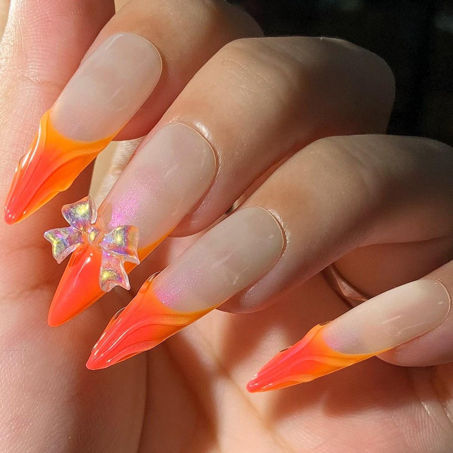 Sunset Flame Press-On Nails with Crystal Bows – Almond Shape Manicure glue on artificial fake faux reusable trendy nail