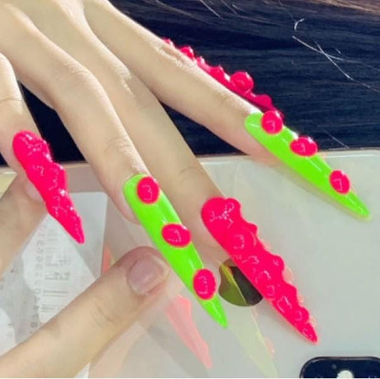 Neon Slime Monster Press-On Nails – 3D Ooze Design in Hot Pink & Lime Green Manicure glue on artificial fake faux reusable trendy nail