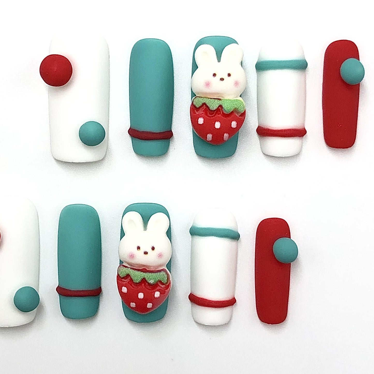 Cute Strawberry Bunny Press-On Nails – Matte Kawaii Cartoon Style Manicure glue on artificial fake faux reusable trendy nail