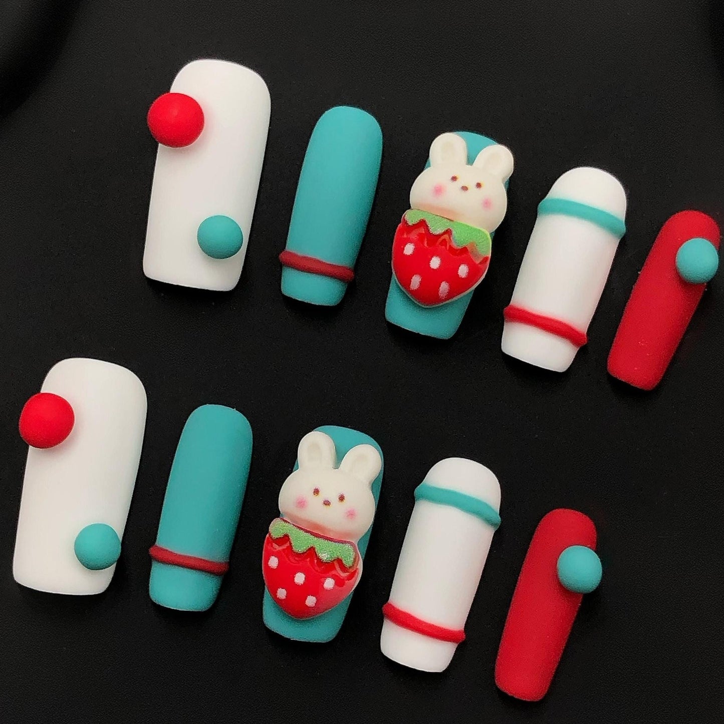 Cute Strawberry Bunny Press-On Nails – Matte Kawaii Cartoon Style Manicure glue on artificial fake faux reusable trendy nail