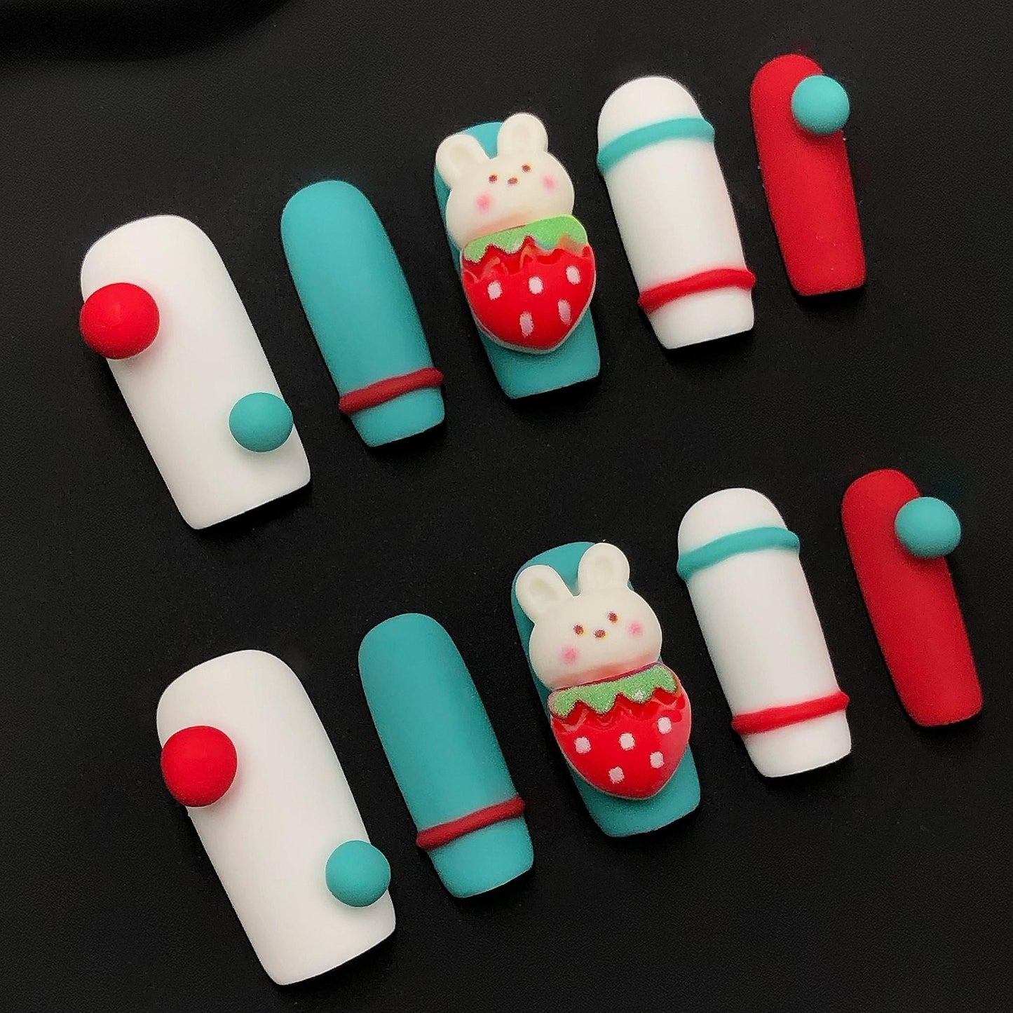 Cute Strawberry Bunny Press-On Nails – Matte Kawaii Cartoon Style Manicure glue on artificial fake faux reusable trendy nail