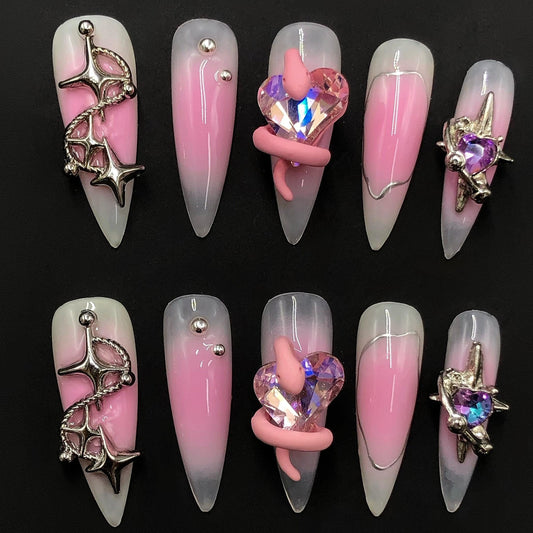 Celestial Serpent Love Press On Nails – Pink Chrome & Heart Gem Fantasy Set Artificial reusable fake glue on faux manicure nails trendy art