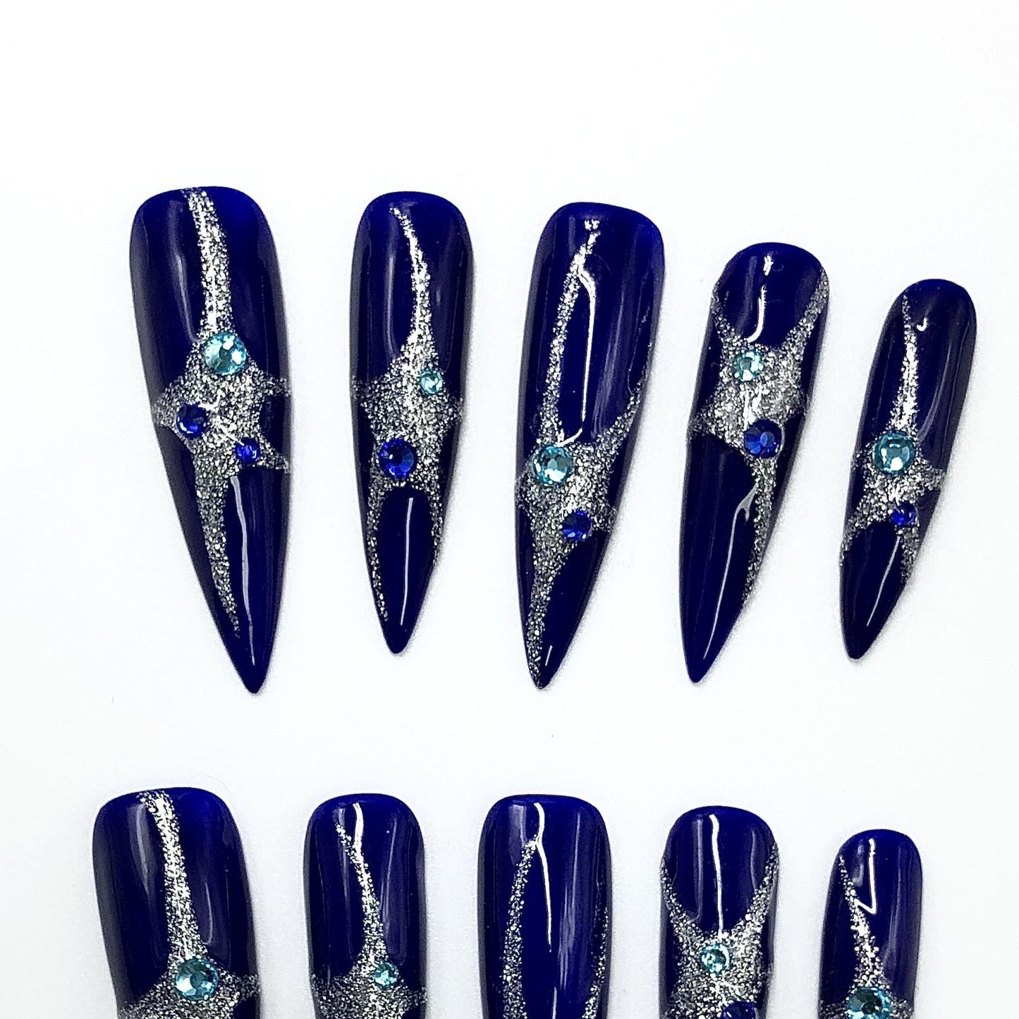 Midnight Galaxy Press-On Nails – Royal Blue with Silver Glitter & Rhinestones Manicure glue on artificial fake faux reusable trendy nail