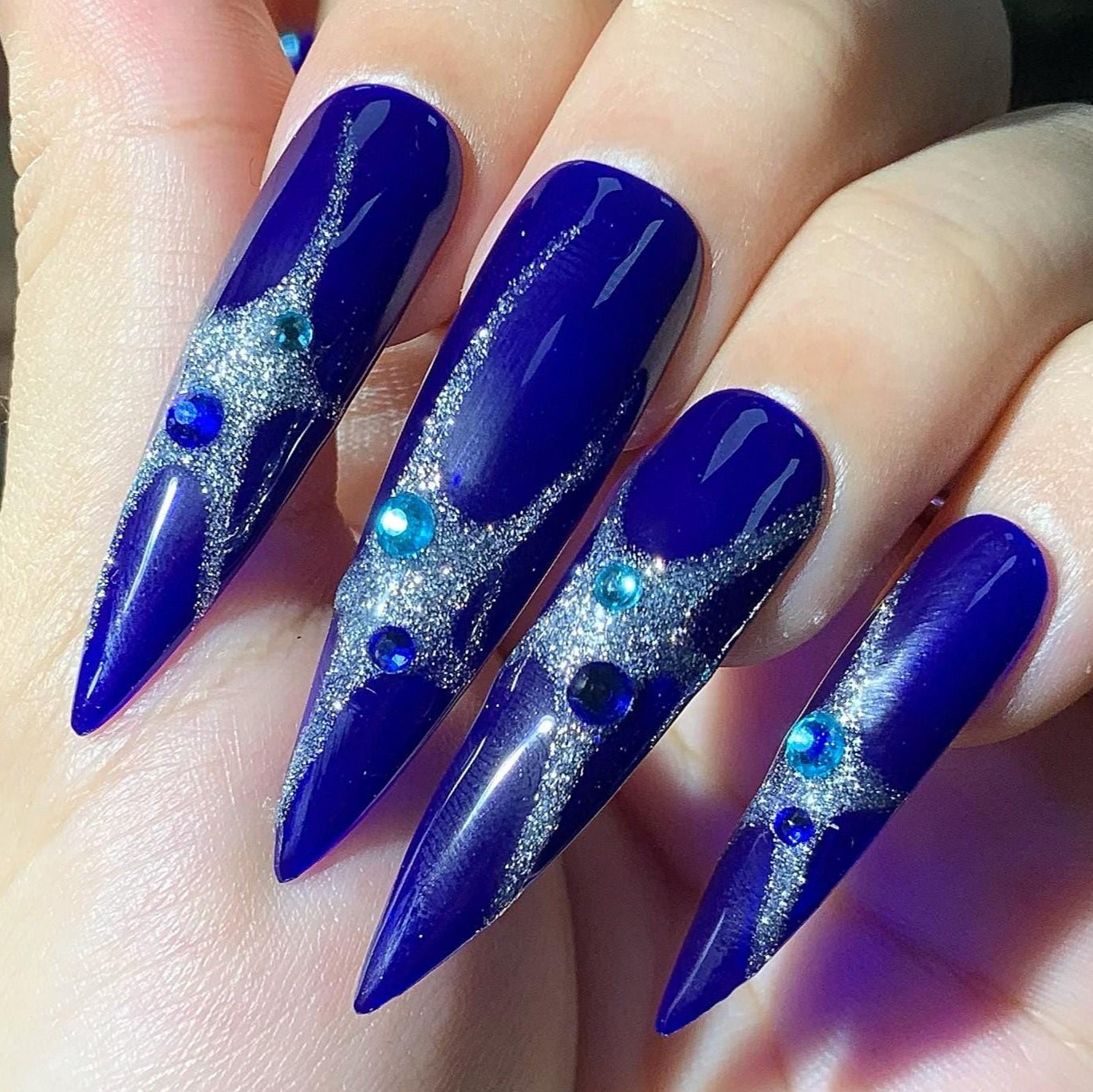 Midnight Galaxy Press-On Nails – Royal Blue with Silver Glitter & Rhinestones Manicure glue on artificial fake faux reusable trendy nail