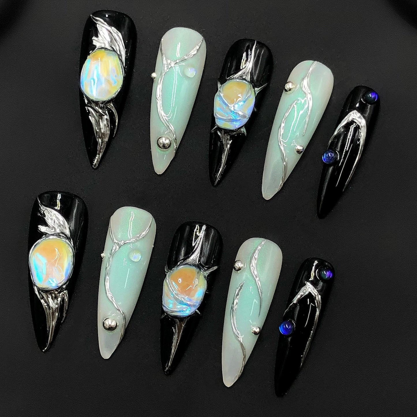 Moonlit Galaxy Chrome Press On Nails – Black & Pearl Gradient with Orb Charm Artificial reusable fake glue on faux manicure nails trendy art