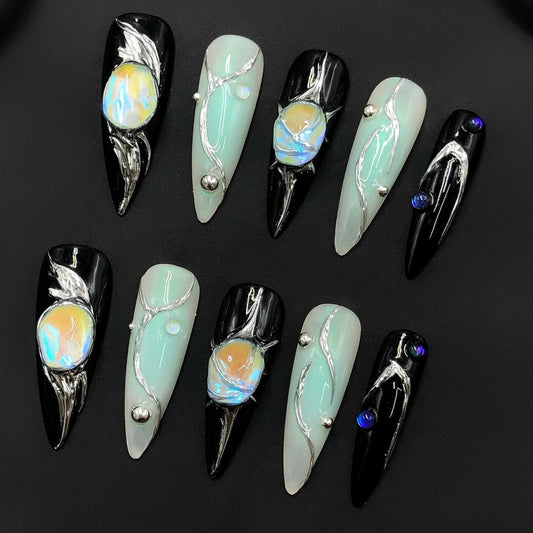 Moonlit Galaxy Chrome Press On Nails – Black & Pearl Gradient with Orb Charm Artificial reusable fake glue on faux manicure nails trendy art