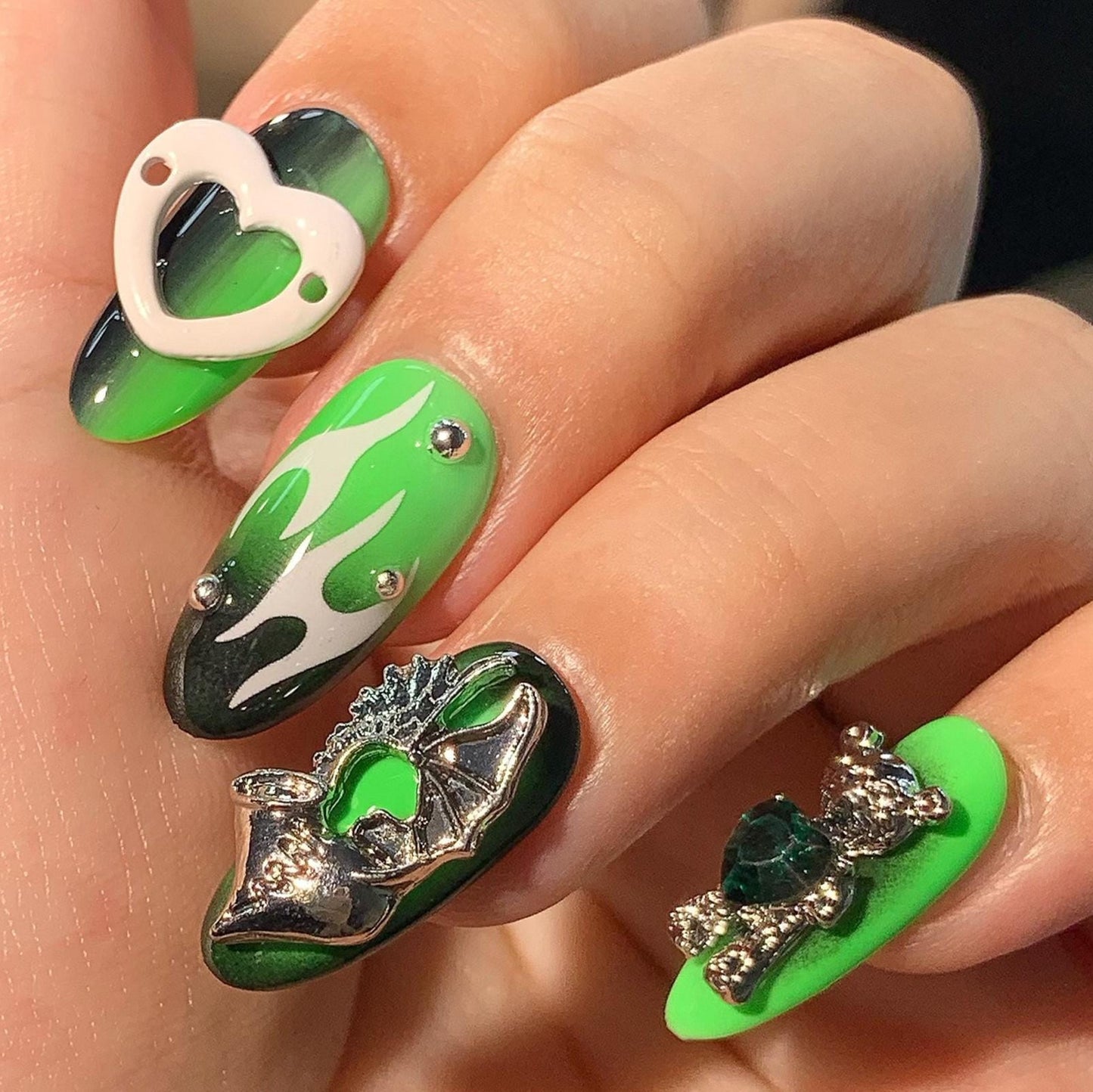 Neon Green Grunge Press On Nails – Flame, Dragon, and Teddy Bear Y2K Set Artificial reusable fake glue on faux manicure nails trendy art