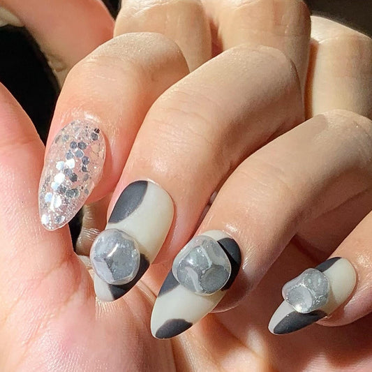 Monochrome Marble Press-On Nails with 3D Bubble Accents & Glitter Tip Manicure glue on artificial fake faux reusable trendy nail