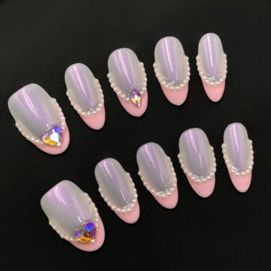 Pearl Princess Press On Nails – Iridescent Pink with Heart Gem Accents Artificial reusable fake glue on faux manicure nails trendy art