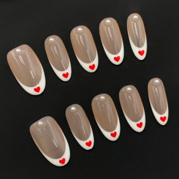 Sweetheart French Tip Press On Nails – Nude, White & Red Heart Design Artificial reusable fake glue on faux manicure nails trendy art