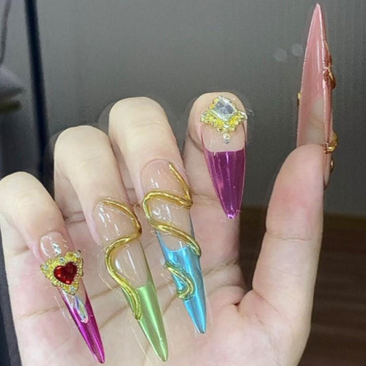 Royal Chrome Jewel Press-On Nails – Gold Snake Detail & Rhinestone Charms Manicure glue on artificial fake faux reusable trendy nail