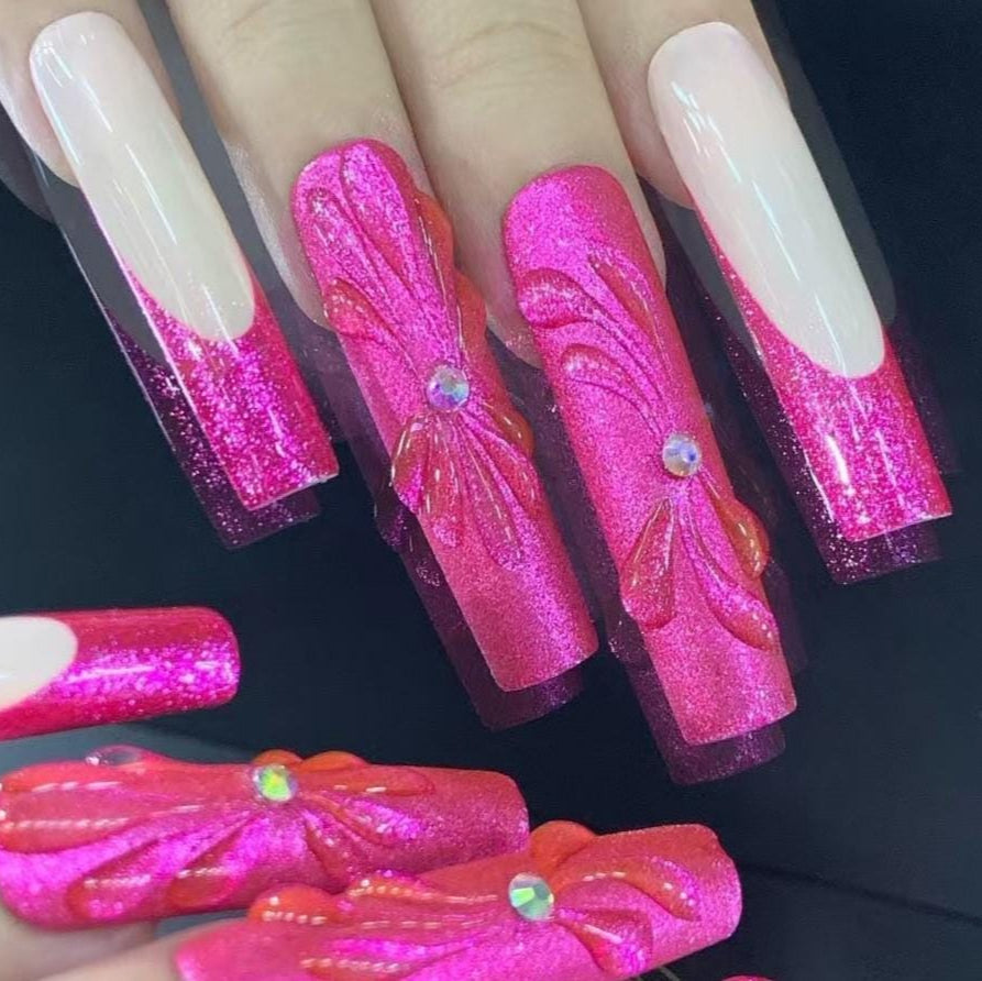 Hot Pink Glitter Press-On Nails with 3D Floral Bow Design Artificial reusable fake glue on faux manicure nails trendy art