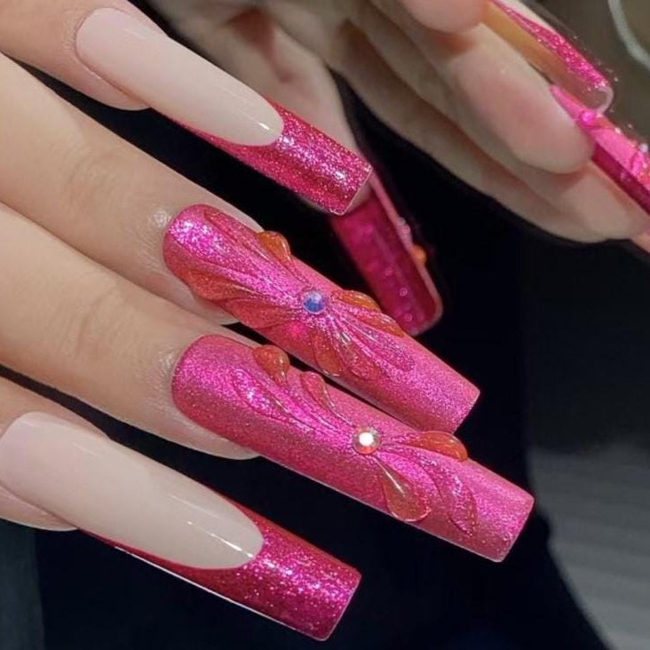 Hot Pink Glitter Press-On Nails with 3D Floral Bow Design Artificial reusable fake glue on faux manicure nails trendy art