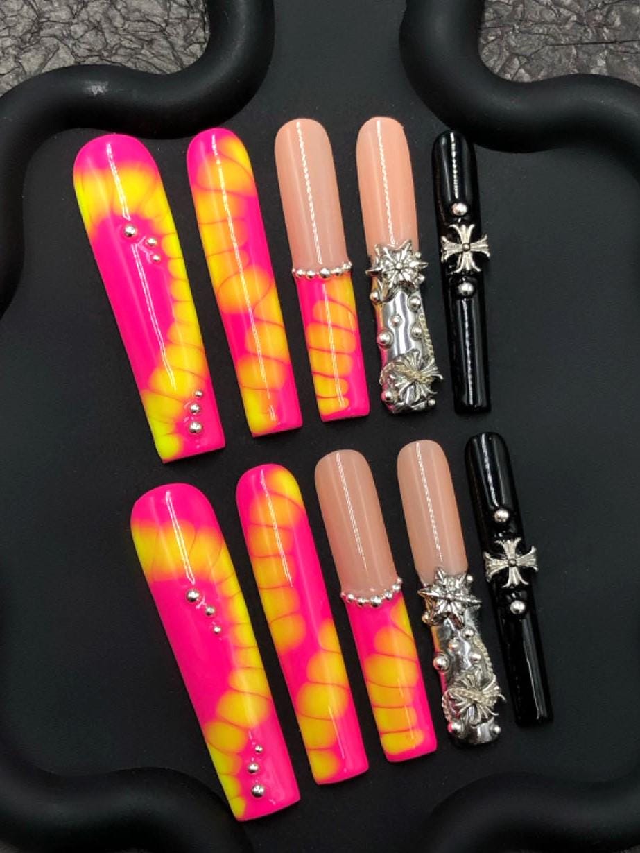 Hot Neon Swirl Press-On Nails – Mixed Set with Nude, Chrome & Gothic Charms Manicure glue on artificial fake faux reusable trendy nail