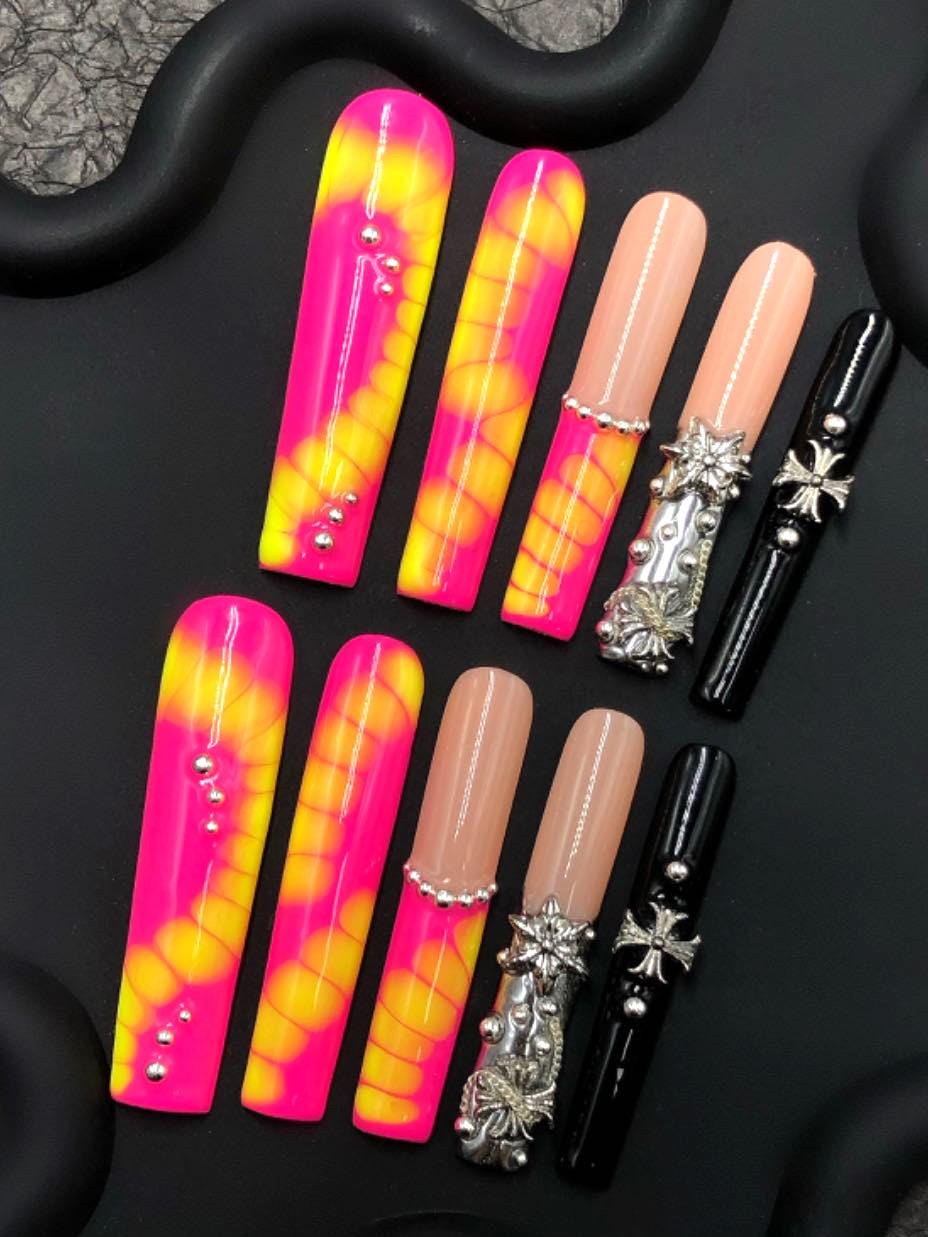 Hot Neon Swirl Press-On Nails – Mixed Set with Nude, Chrome & Gothic Charms Manicure glue on artificial fake faux reusable trendy nail