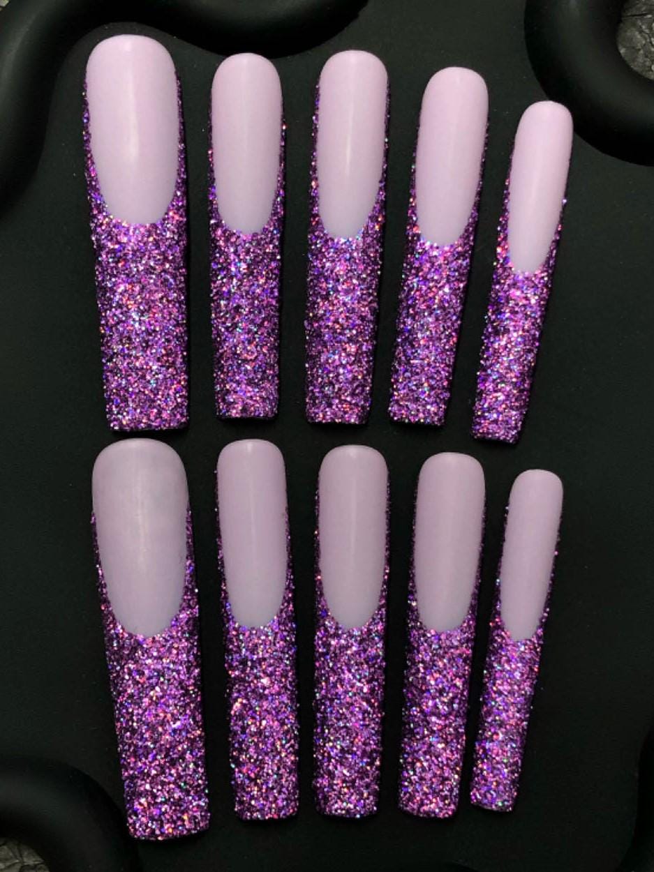 Purple Glitter Ombre Press-On Nails – Sparkly Lavender Glam Set Artificial reusable fake glue on faux manicure nails trendy art