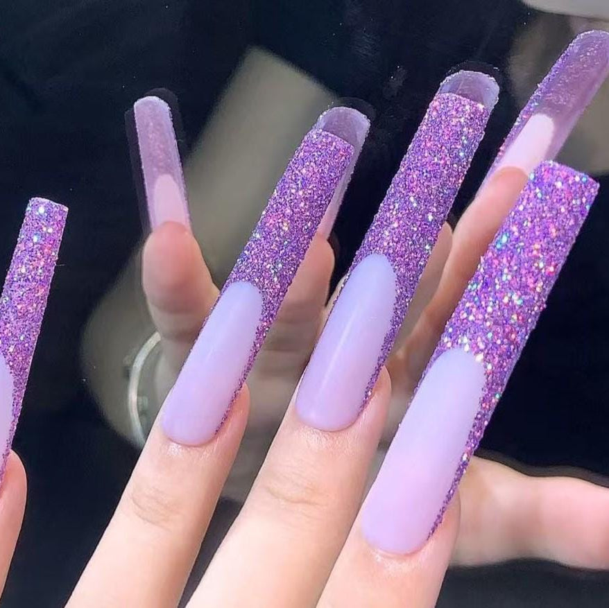 Purple Glitter Ombre Press-On Nails – Sparkly Lavender Glam Set Artificial reusable fake glue on faux manicure nails trendy art