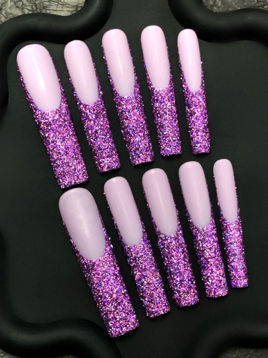Purple Glitter Ombre Press-On Nails – Sparkly Lavender Glam Set Artificial reusable fake glue on faux manicure nails trendy art