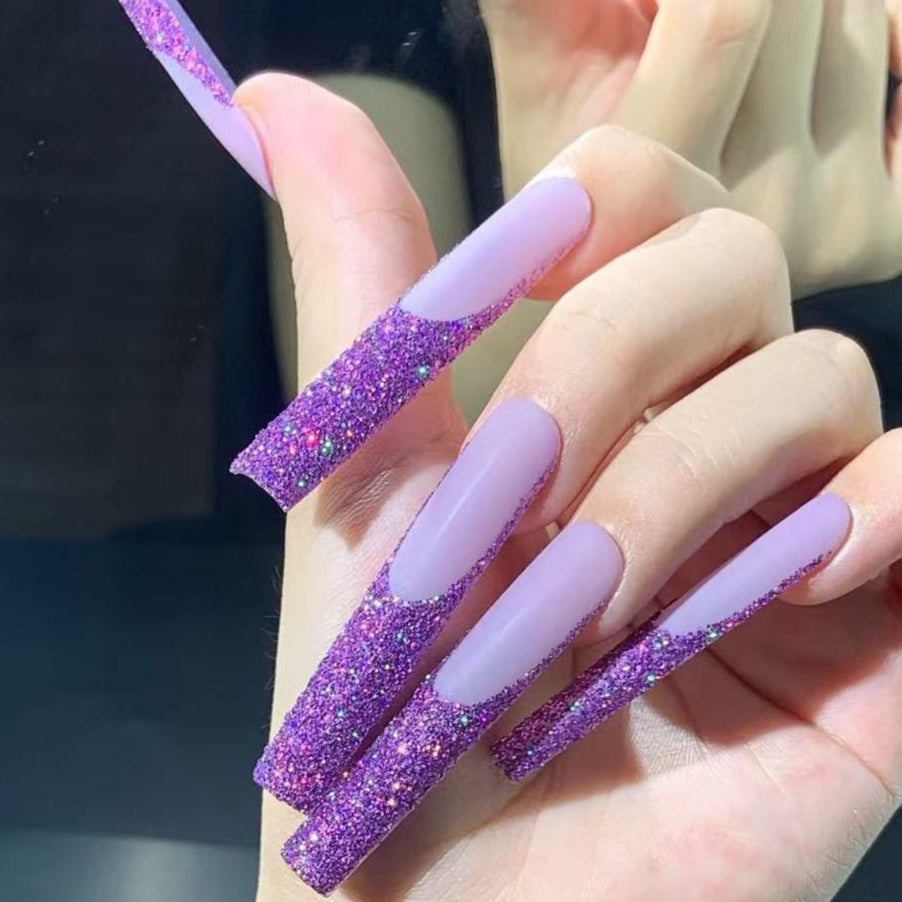 Purple Glitter Ombre Press-On Nails – Sparkly Lavender Glam Set Artificial reusable fake glue on faux manicure nails trendy art