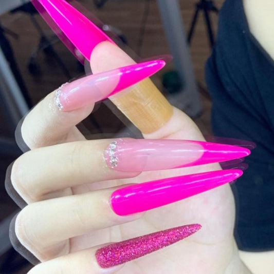 Hot Pink Glam Stiletto Press-On Nails – Rhinestone Accent & Glitter Mix Set Artificial reusable fake glue on faux manicure nails trendy art