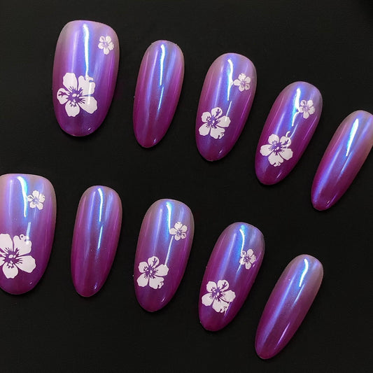 Iridescent Purple Floral Press-On Nails Artificial reusable fake glue on faux manicure nails trendy art