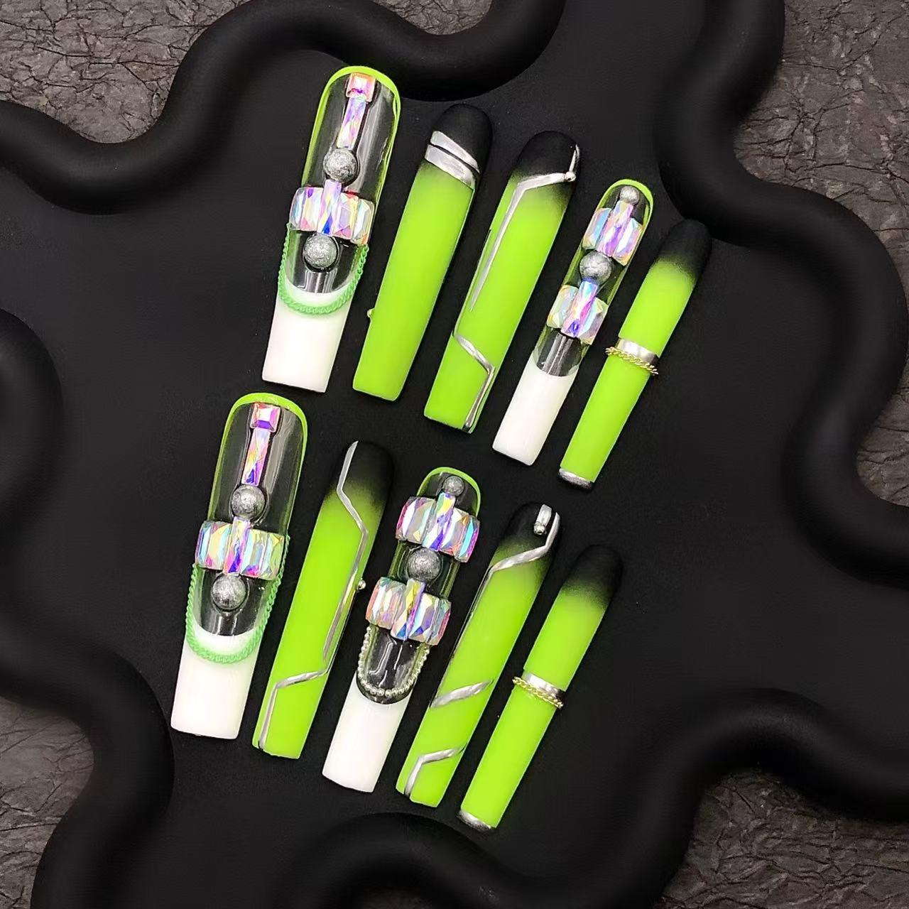 Neon Green & Black Ombre Press-On Nails with Crystal Charms Artificial reusable fake glue on faux manicure nails trendy art