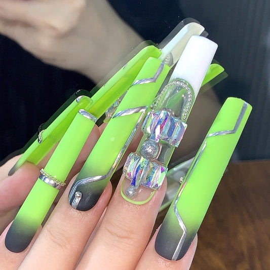 Neon Green & Black Ombre Press-On Nails with Crystal Charms Artificial reusable fake glue on faux manicure nails trendy art