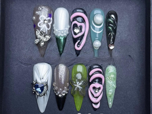 Eclectic Mixed Media Press-On Nails – 3D Heart, Glitter & Chrome Accents Artificial reusable fake glue on faux manicure nails trendy art