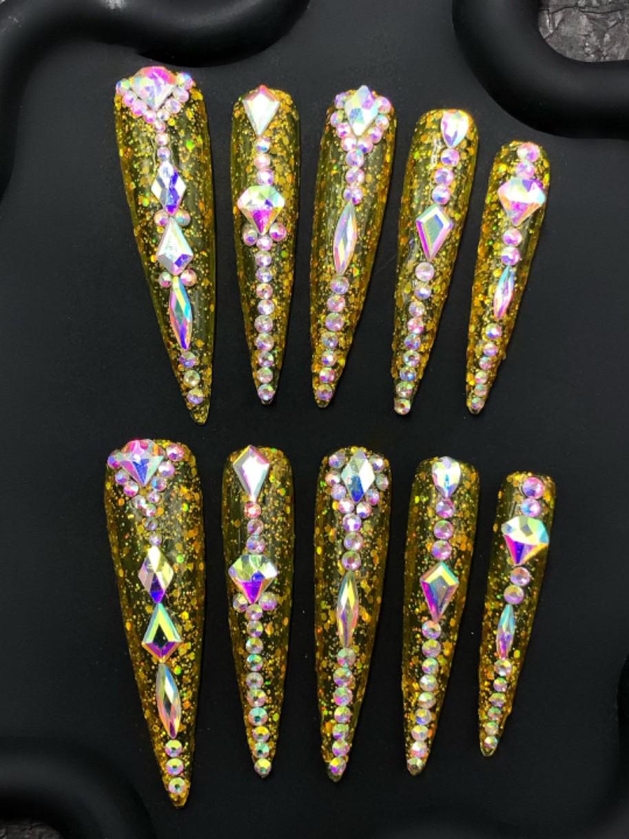 Holographic Gold Glitter Press-On Nails – Diamond Rhinestone Glam Manicure glue on artificial fake faux reusable trendy nail