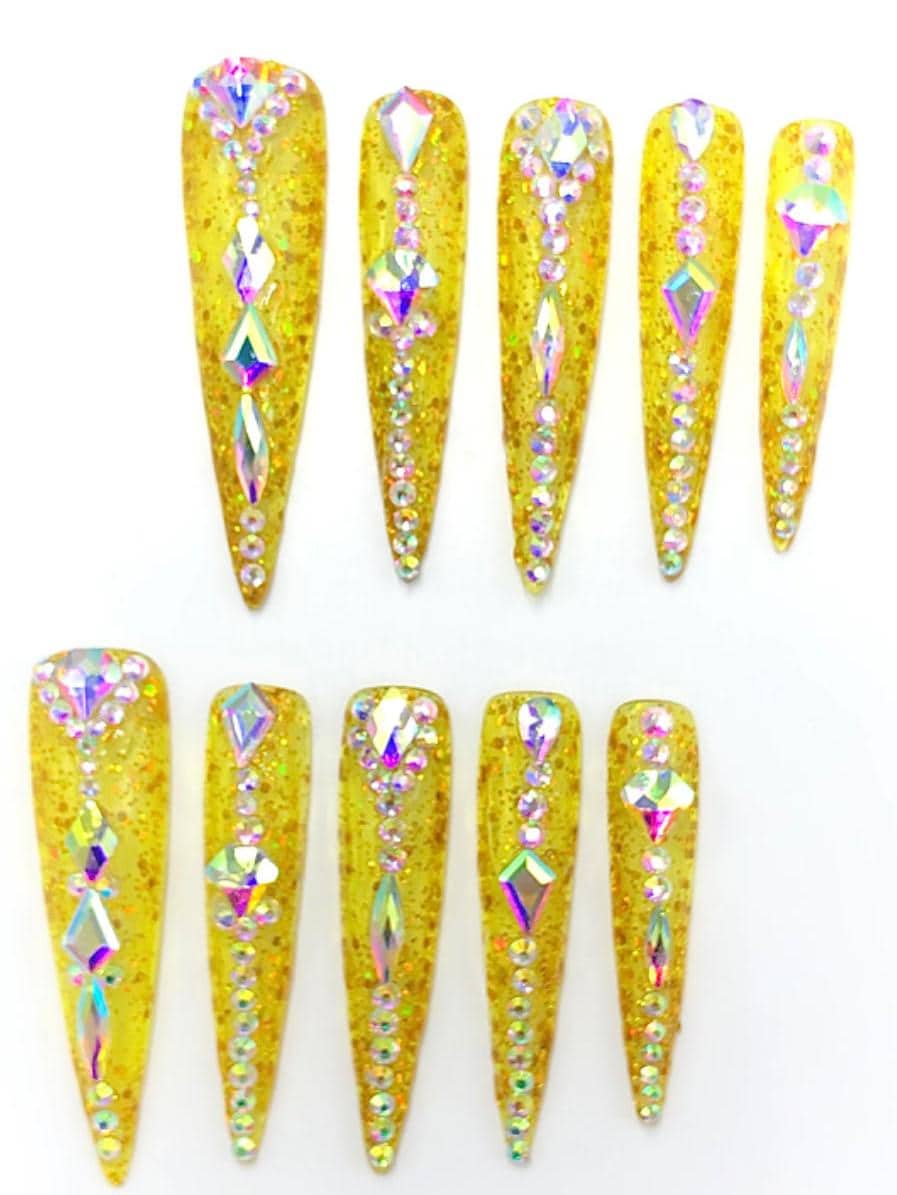 Holographic Gold Glitter Press-On Nails – Diamond Rhinestone Glam Manicure glue on artificial fake faux reusable trendy nail