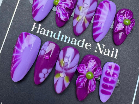 Purple Bloom Fantasy Press-On Nails – 3D Floral Art & Abstract Petals Artificial reusable fake glue on faux manicure nails trendy art