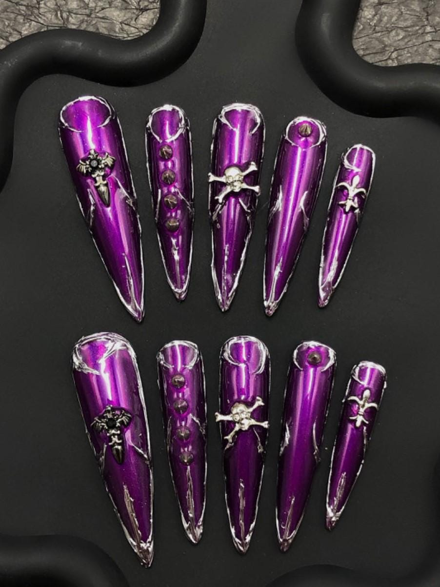 Metallic Gothic Press-On Nails – Purple Chrome with Skulls & Cross Charms Manicure glue on artificial fake faux reusable trendy nail