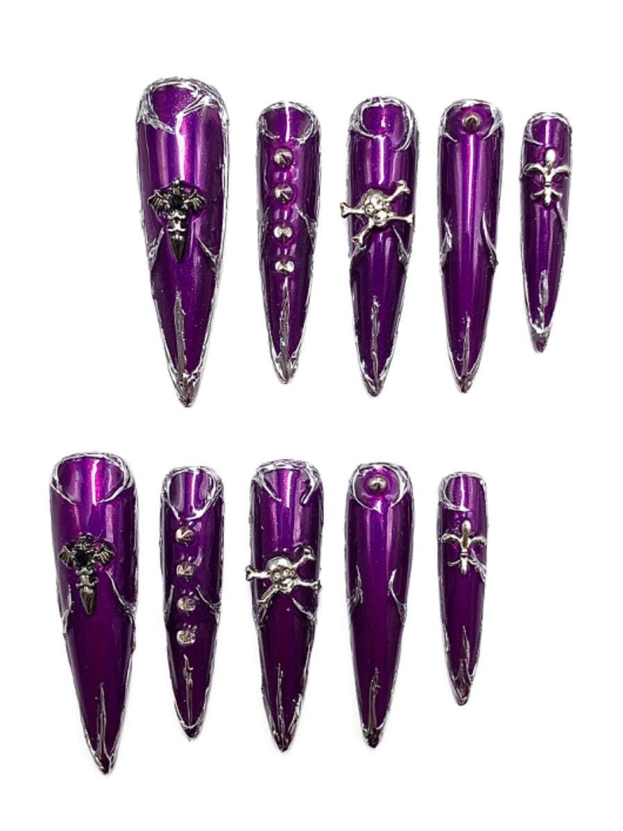 Metallic Gothic Press-On Nails – Purple Chrome with Skulls & Cross Charms Manicure glue on artificial fake faux reusable trendy nail