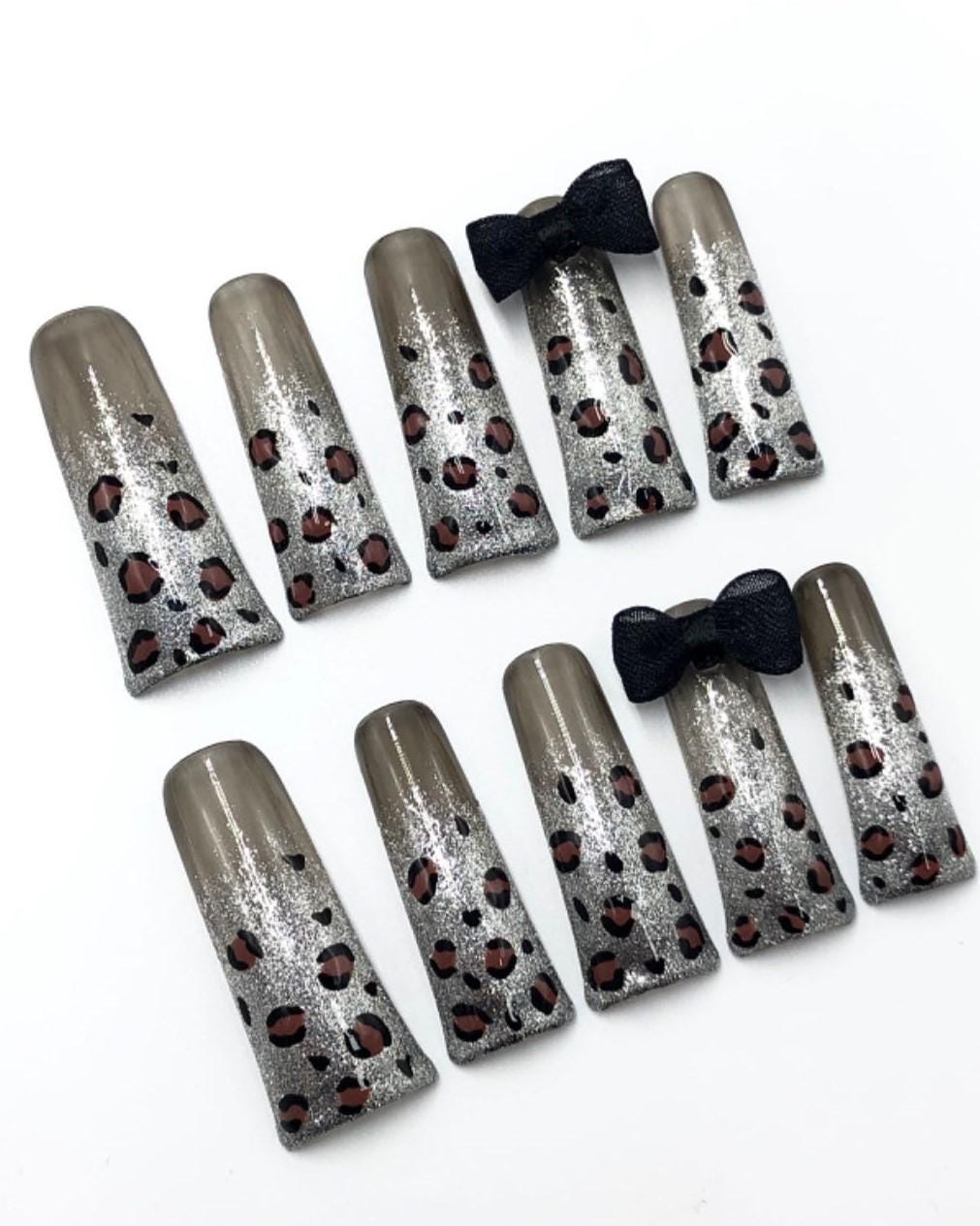 Glitter Leopard Print Press-On Nails – Silver Ombre with Black Bow Accents Manicure glue on artificial fake faux reusable trendy nail