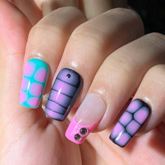 Retro Grid & Pop Dot Press-On Nails – Pink Gray Teal with Rhinestone Accents Manicure glue on artificial fake faux reusable trendy nail