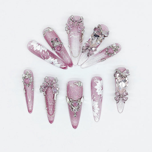 Pink Glitter Ombre Press-On Hand Painted Nails – 3D Crystals, Pearls & Floral Accents – Long Luxe Nails for Bridal, Prom and Fairycore Looks