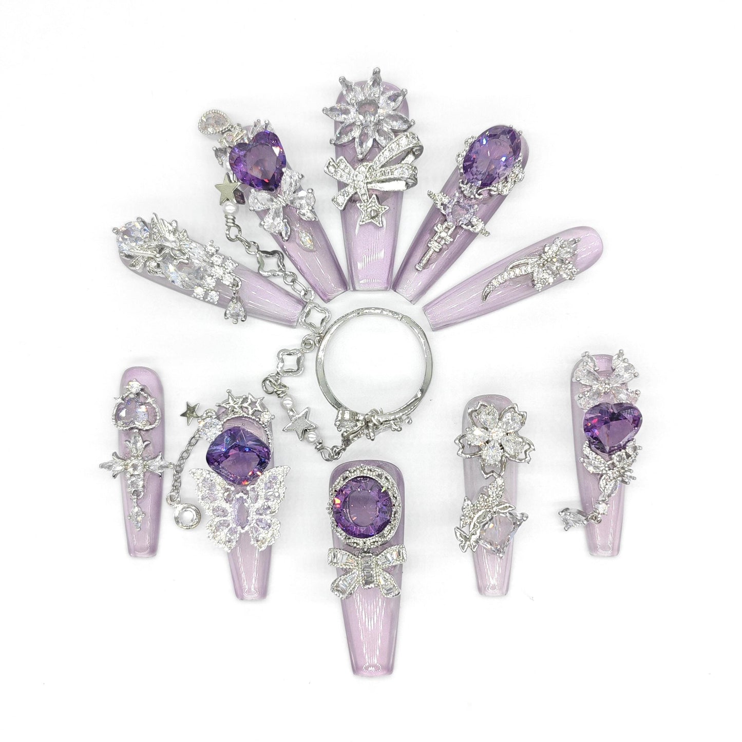 Royal Purple Heart Gem Press-On Nails – 3D Crystals, Fairy Charms, Chain Accent – Luxury Fantasy Nails for Cosplay, Prom, Special Occasions