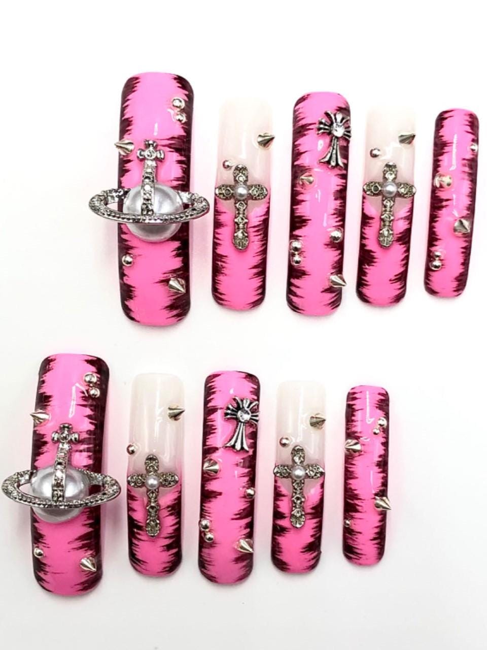 Pink Punk Galaxy Press-On Nails – Planet, Cross & Stud Charms Artificial reusable fake glue on faux manicure nails trendy art