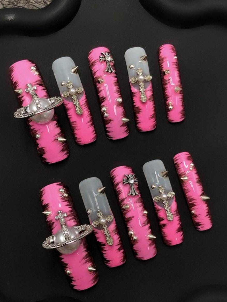 Pink Punk Galaxy Press-On Nails – Planet, Cross & Stud Charms Artificial reusable fake glue on faux manicure nails trendy art