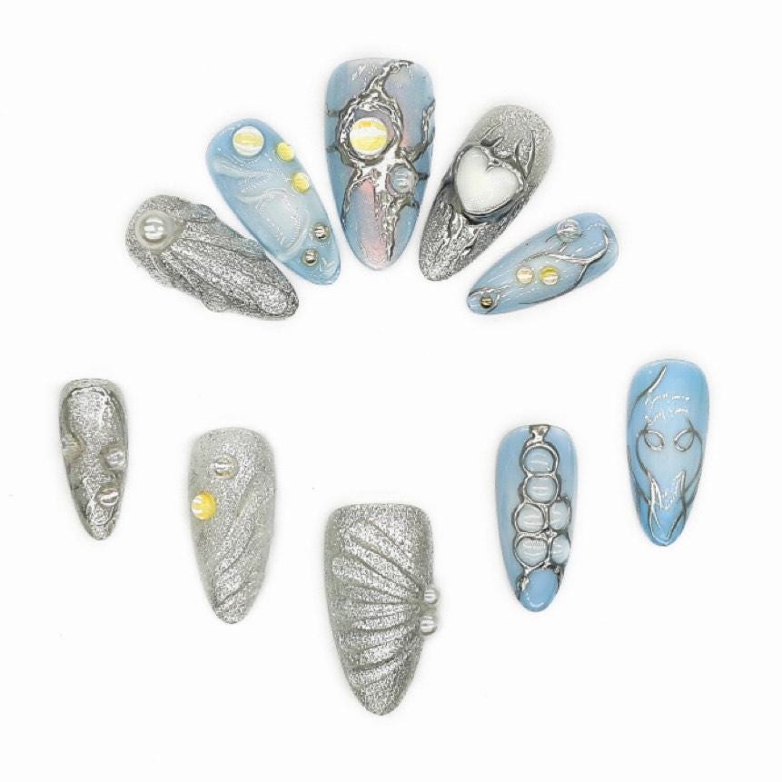 Icy Blue & Silver Galaxy Press-On Nails – Celestial 3D Texture Nail Art Set Artificial reusable fake glue on faux manicure nails trendy art