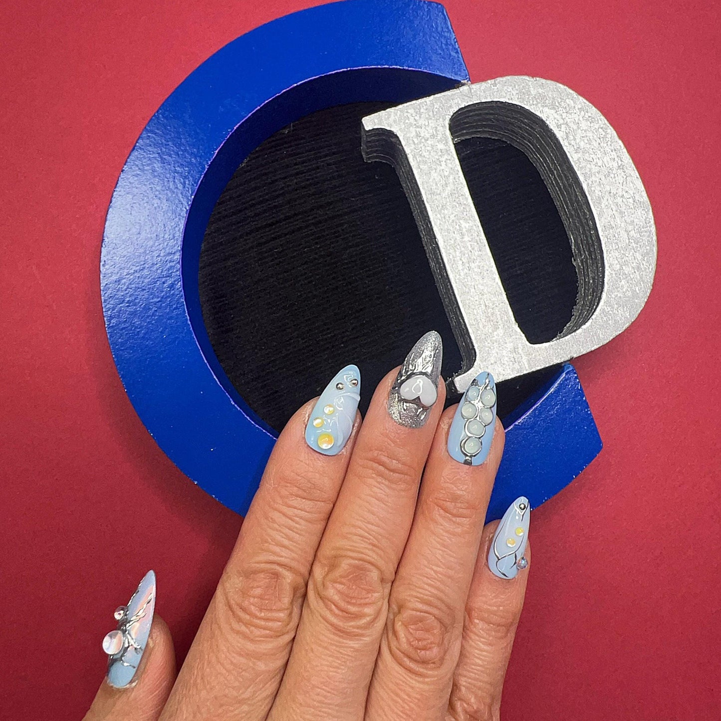 Icy Blue & Silver Galaxy Press-On Nails – Celestial 3D Texture Nail Art Set Artificial reusable fake glue on faux manicure nails trendy art