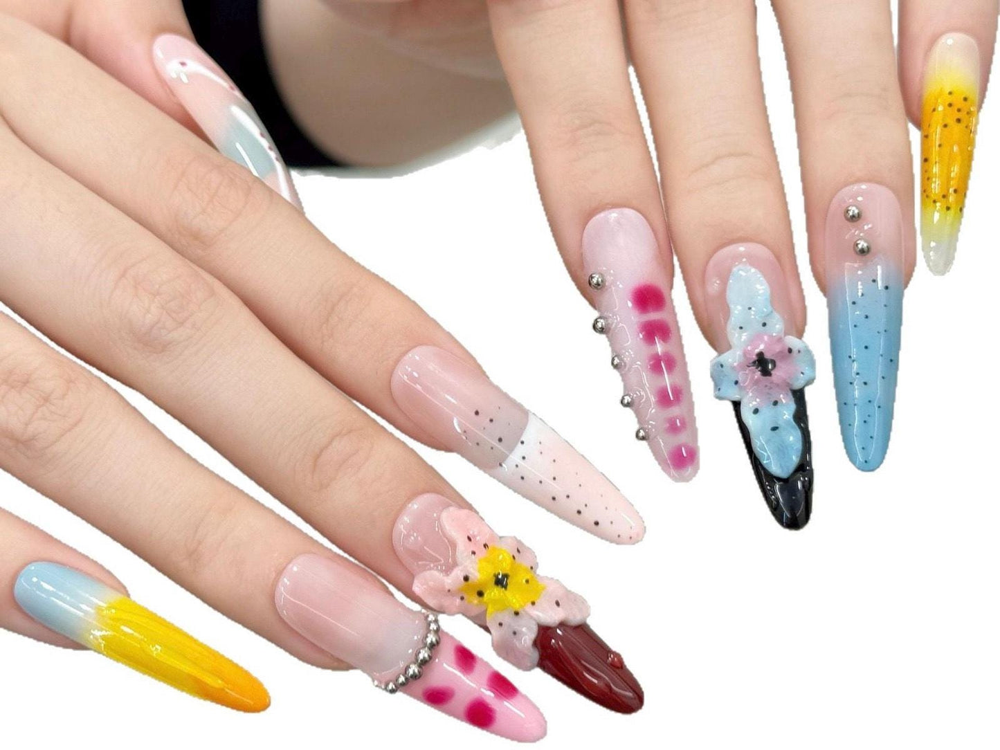 Color Pop 3D Floral Press-On Nails – Ombre & Speckle Art Set Artificial reusable fake glue on faux manicure nails trendy art
