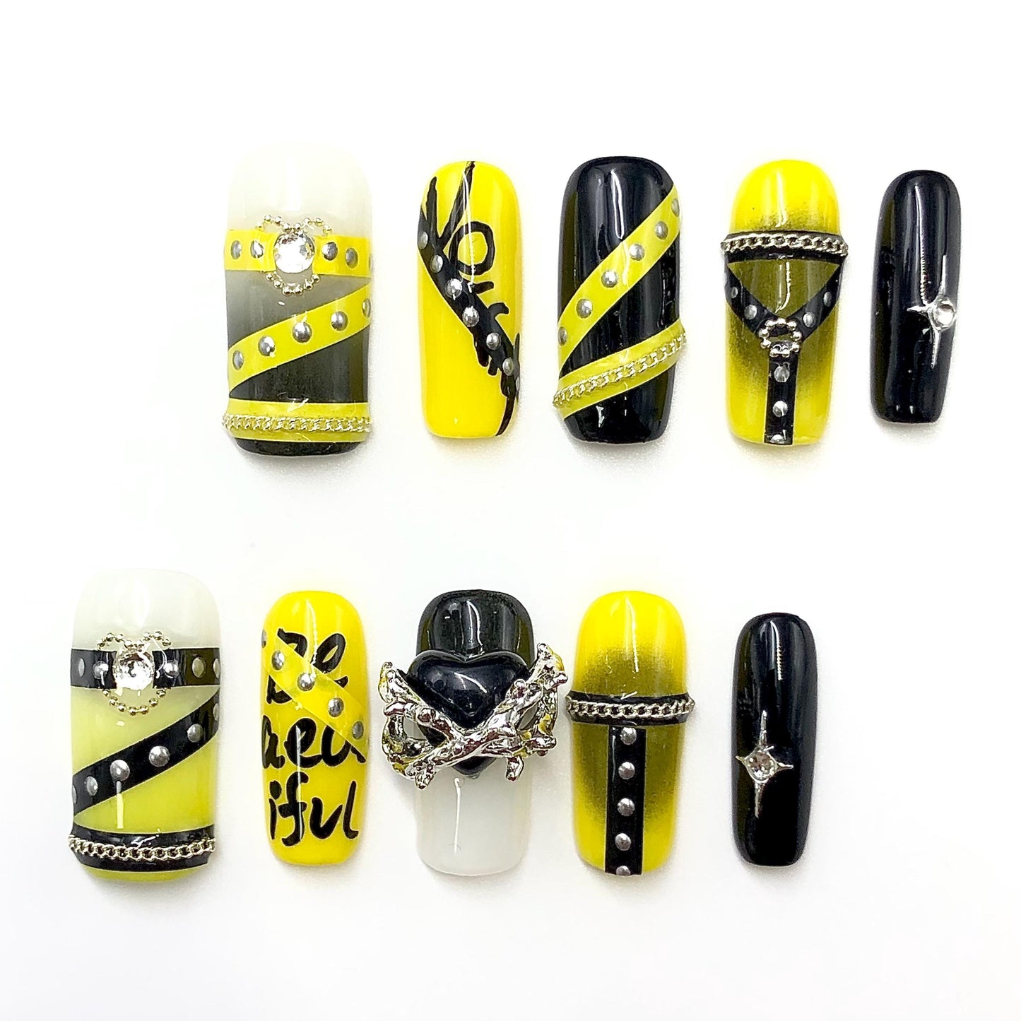 press on nails yellow black edgy art rhinestone punk 3d graffiti cross chain studs daring long square charms glue on nails faux artificial