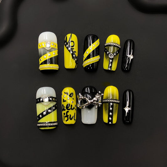 press on nails yellow black edgy art rhinestone punk 3d graffiti cross chain studs daring long square charms glue on nails faux artificial