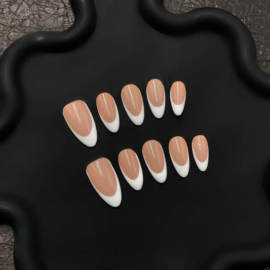 french tip press on nude white almond short glossy elegant fashion nails faux artificial manicure shiny trendy fake nails minimalist