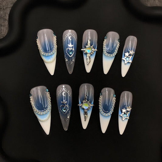 medium stiletto elegant glamorous gothic 3d blue ombre white tips chains charms flair floral intricate blue moon star night sky glue on faux
