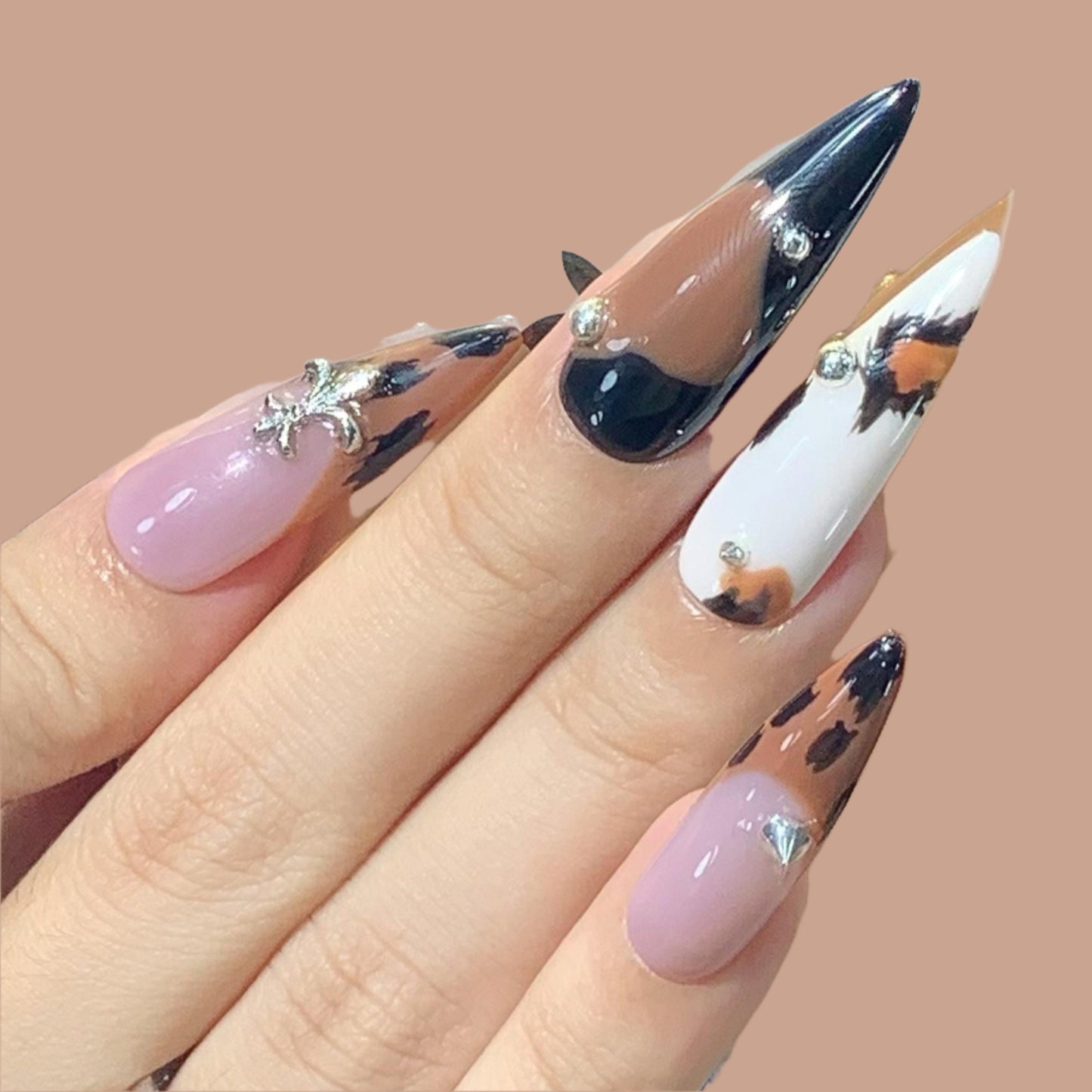 animal press on nail leopard brown black gothic art long stiletto punk rock spiked edgy mixed glue on artificial edgy sleek nude fierce wild