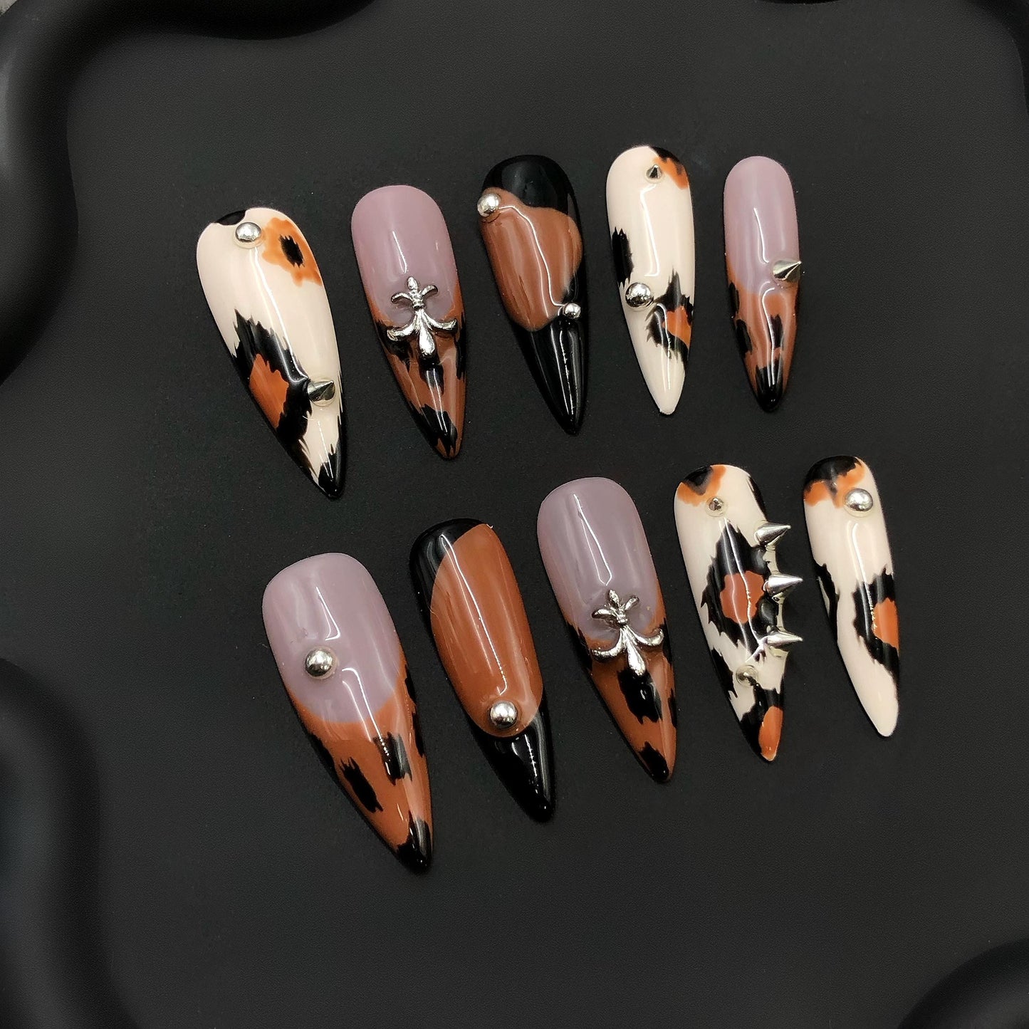 animal press on nail leopard brown black gothic art long stiletto punk rock spiked edgy mixed glue on artificial edgy sleek nude fierce wild