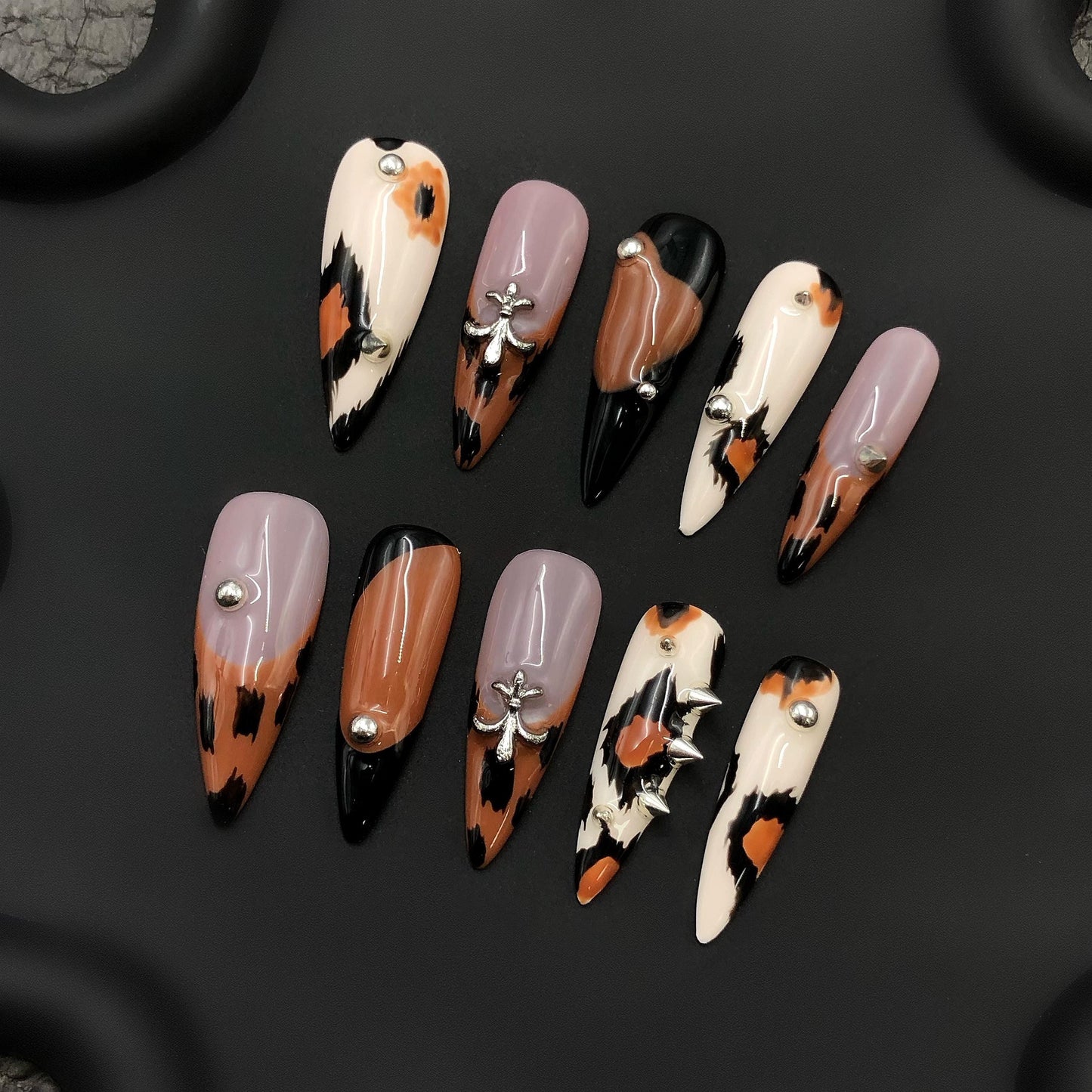 animal press on nail leopard brown black gothic art long stiletto punk rock spiked edgy mixed glue on artificial edgy sleek nude fierce wild