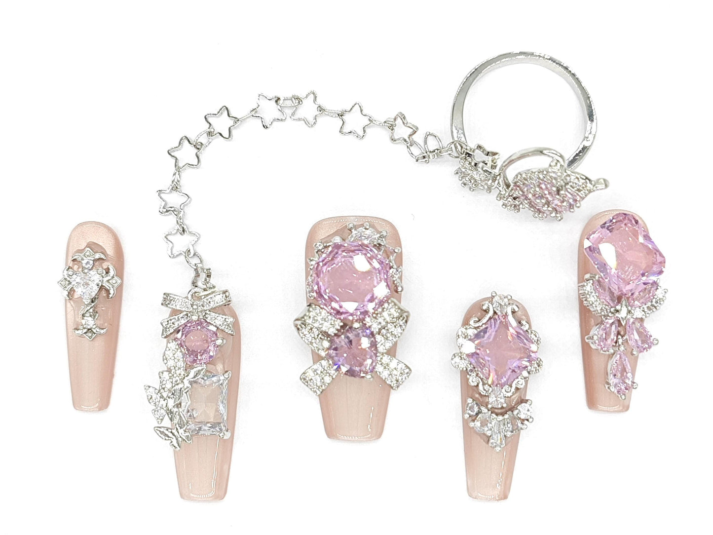Celestial Pink Gemstone Press-On Nails – Nude and Silver 3D Bling Set with Crystals, Stars, Charms & Princess Core Sparkle